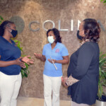 (l to r) Maxine V. Seymour, Director, Corporate Communications, Colina Insurance Limited; Jodell Roberts, Board Member, JBLN; Leotha Nixon, Manager, Human Resources, Colina Insurance Limited discuss new health and safety protocols to be implemented at JBLN this season