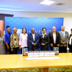 (l to r) Maxine V. Seymour, Director, Corporate Communications, Colina; DeAndrea Lewis, Vice President, Life Operations; Arthurnique Jones, UB Student; Patricia Glinton-Meicholas, Assistant Editor; M. Theresa Butler, Editor; Rt. Hon. Hubert Ingraham, Former Prime Minister; Allyson Maynard-Gibson, Chair, University of The Bahamas’ Board of Trustees; Peter Whitehead, Vice-Chair, University of The Bahamas’ Board of Trustees, Dr. Rodney D. Smith, President, University of The Bahamas; Bertamae Walker, Librarian, University of The Bahamas and Matthew Williams, UB Student.