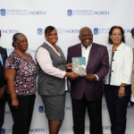 (l to r) Dr. Andrew Moxey, Dean of Faculty, UB North; Mrs. Wilola Carroll, Administrative Assistant, Office of The President, UB North; Ethel Lightbourn, Office Administrator, Northern Branch, Colina; Former Prime Minister Hubert Ingraham; M. Theresa Butler, Editor and Patricia Glinton-Meicholas, Assistant Editor.
