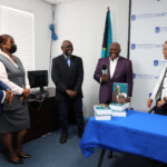 (l to r) Elrod Outten, Branch Manager, Northern Branch, Colina; Ethel Lightbourn, Office Administrator, Northern Branch, Colina; Dr. Andrew Moxey, Dean of Faculty of UB North; Former Prime Minister Hubert Ingraham and M. Theresa Butler, Editor shared a light hearted moment while discussing the Former Prime Minister’s new book.