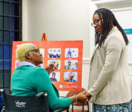 Erin Brown, Disability Consultant and Para-Athlete, thanks Maxine V. Seymour, Director, Corporate Communications, for all the work Colina is doing for the disabled community.