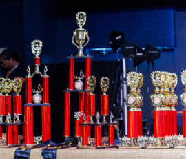 Trophies were lined off ready to be collected by the awardees.